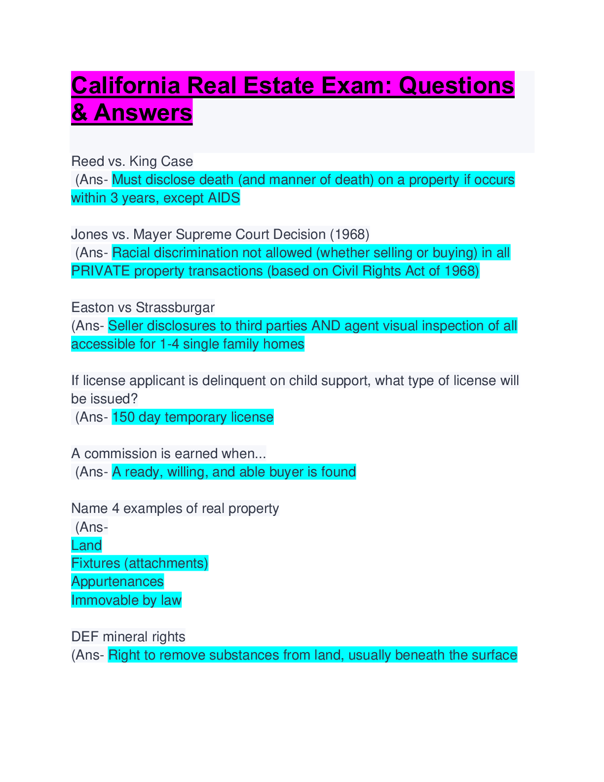 Preview image for California Real Estate Exam Questions And Answers